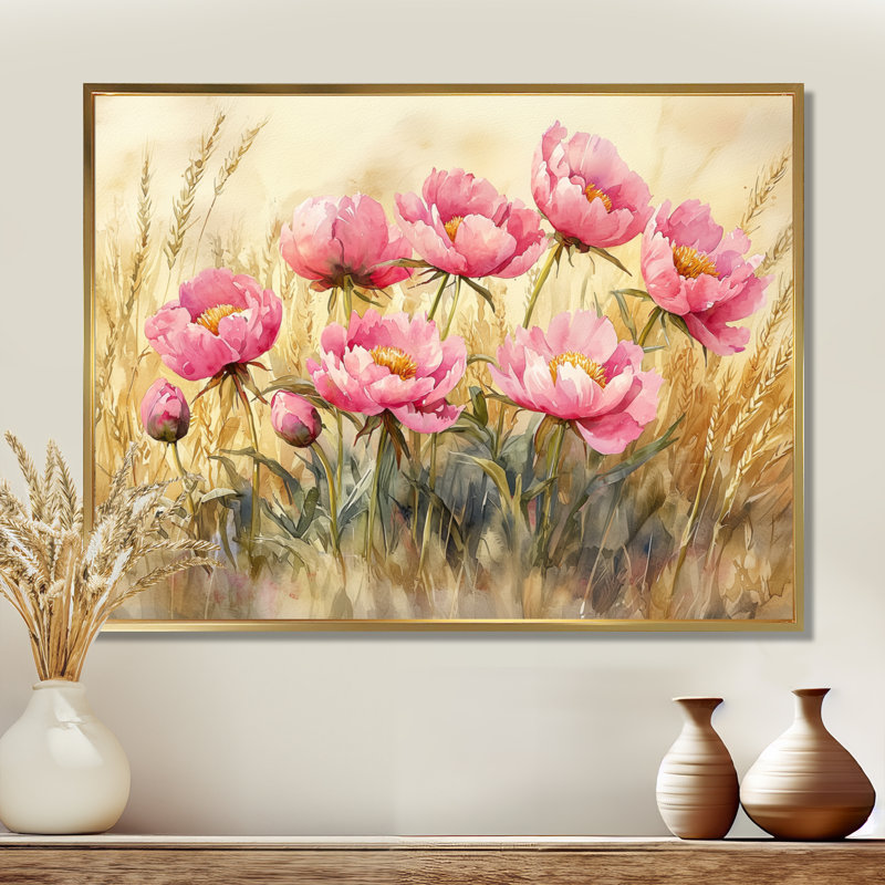 Donnah pivoines dans le champ d'herbe de blé I - pivoines, art mural, H 12 po x l 20 po, Impression encadrée flottante, Doré