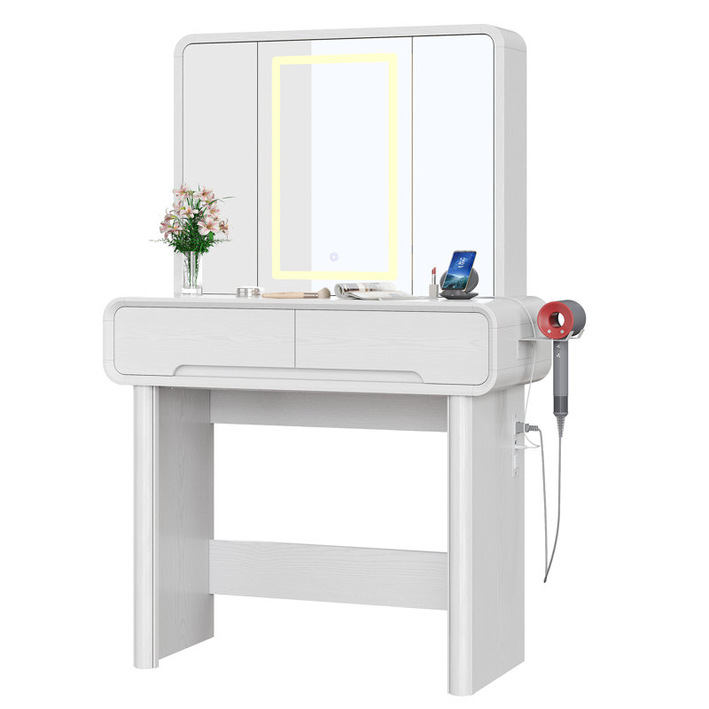 Bureau de maquillage pour coiffeuse avec miroir à DEL pliable à 3 côtés, coiffeuse courbée avec 9 rangements de rangement et puissance intégrée pour un maquillage professionnel, blanc