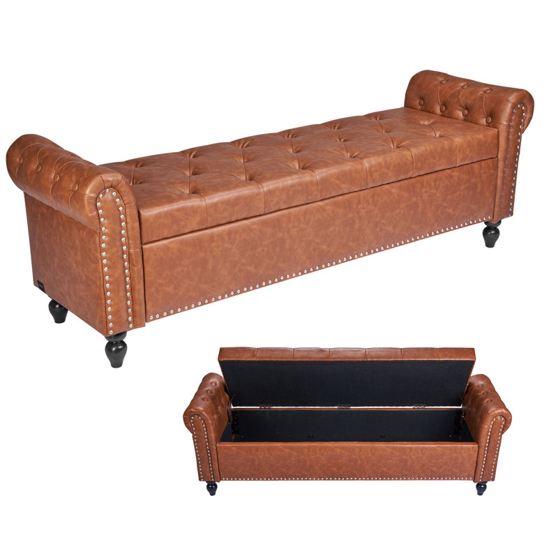 Banc avec repose-pieds capitonné et capitonné à boutons , Brun