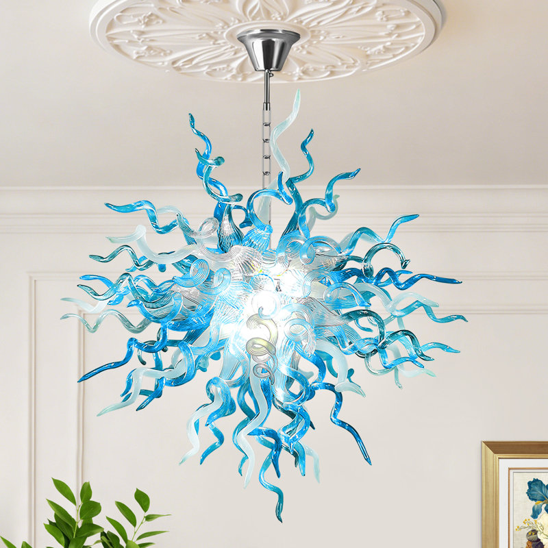 Lustre bleu en verre soufflé à la main avec cadre semi-encastré moderne gris et blanc, H 24 po x l 24 po x P 24 po