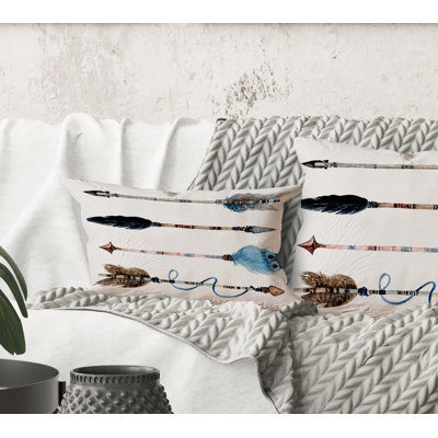 Rectangle,Ethnic Feathers And Flowers On Native Arrows IV - Bohemian & Eclectic Printed Throw Pillow