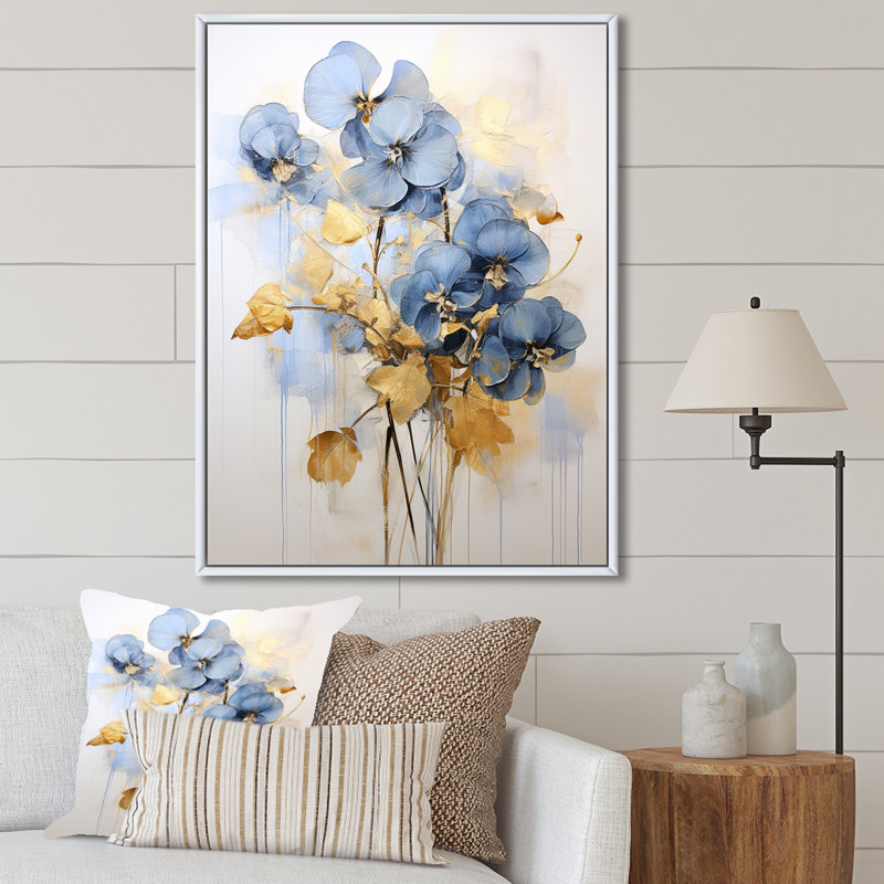 «Blue and Gold Minimalisme Violets I», reproduction sur toile, Cadre flottant blanc, H 40 po x l 30 po