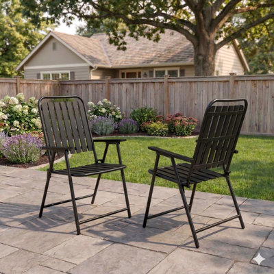 2-Piece Black Metal Slat Foldable Dining Chairs for Indoor Outdoor Use with Breathable Backrest Design