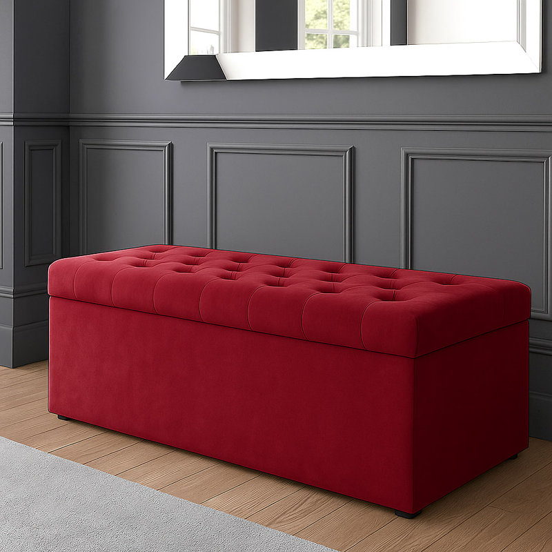 SD Plush Velvet Chesterfield Upholstered Ottoman Storage Box, Claret Red, 43cm H x 137cm W x 40cm D