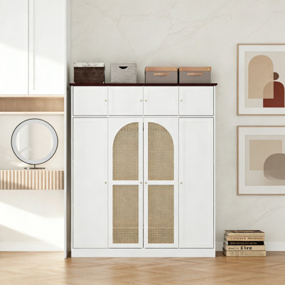 70.87" Tall 8-Door Rattan Armoire Wardrobe Closet, Freestanding Clothing Storage Cabinet With Hanging Rod & Adjustable Shelves
