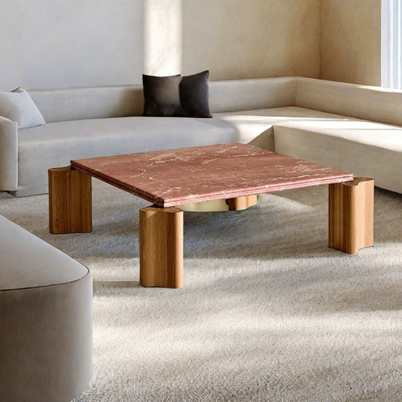 Table de salon carrée en bois massif avec trou en pierre, H 13,8 po x L 39,4 po x l 39,4 po, Rouge
