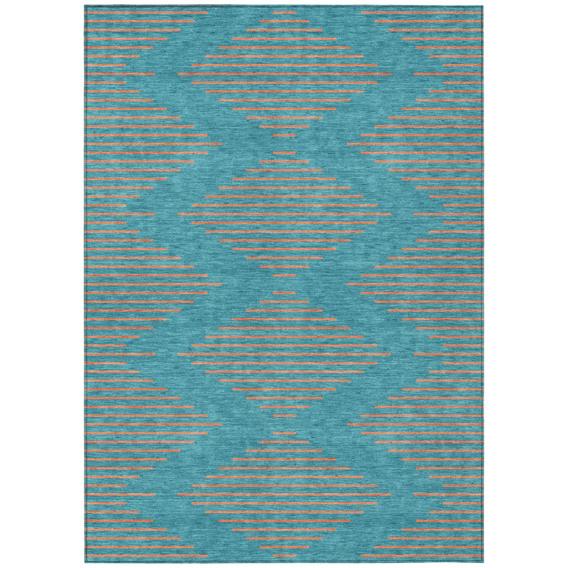Teal Geometric Diamond Pattern Washable Synthetic Area Rug 9' x 12'