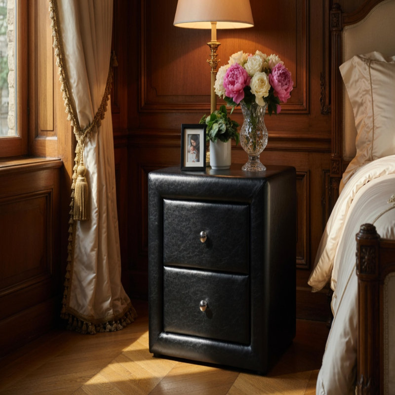Table de chevet, table de chevet, bout, côté, lampe, tiroir de rangement, chambre à coucher, revêtement, aspect cuir noir, transitionnel