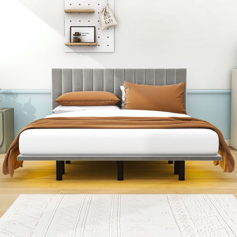 Jareli Queen Upholstered Floating Platform Bed with Light and Headboard, Grey