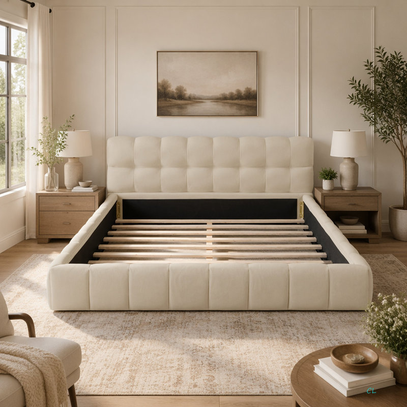 Queen Size Upholstered Platform Bed With Thick Fabric, Grounded Bed With Solid Frame, Beige