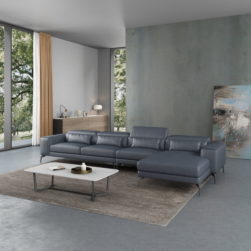 Cavour Upholstered L-Shaped Sectional, Right Hand Facing, Gray Genuine Leather