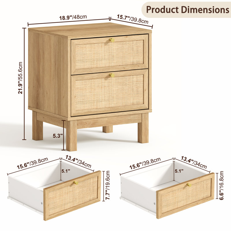 18.9''w Natural Rattan 2-drawer Nightstand