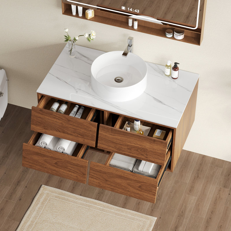 Meuble-lavabo moderne flottant 36 po avec lavabo simple 36 po, armoires en bois brun à 4 tiroirs, blanc