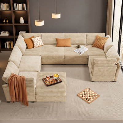 Modular U-shaped Sectional Plush Corduroy Sofa With Movable Ottoman