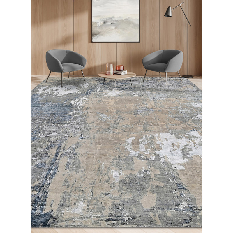 Tapis rectangulaire brun clair / bleu / ivoire, Rectangle de 10 pi x 14 pi