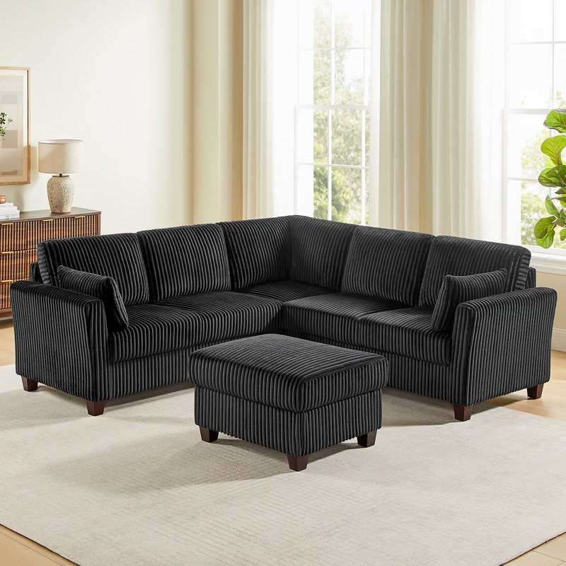90.6In Corduroy L-Shape Sectional With Storage Ottoman, Black Corduroy