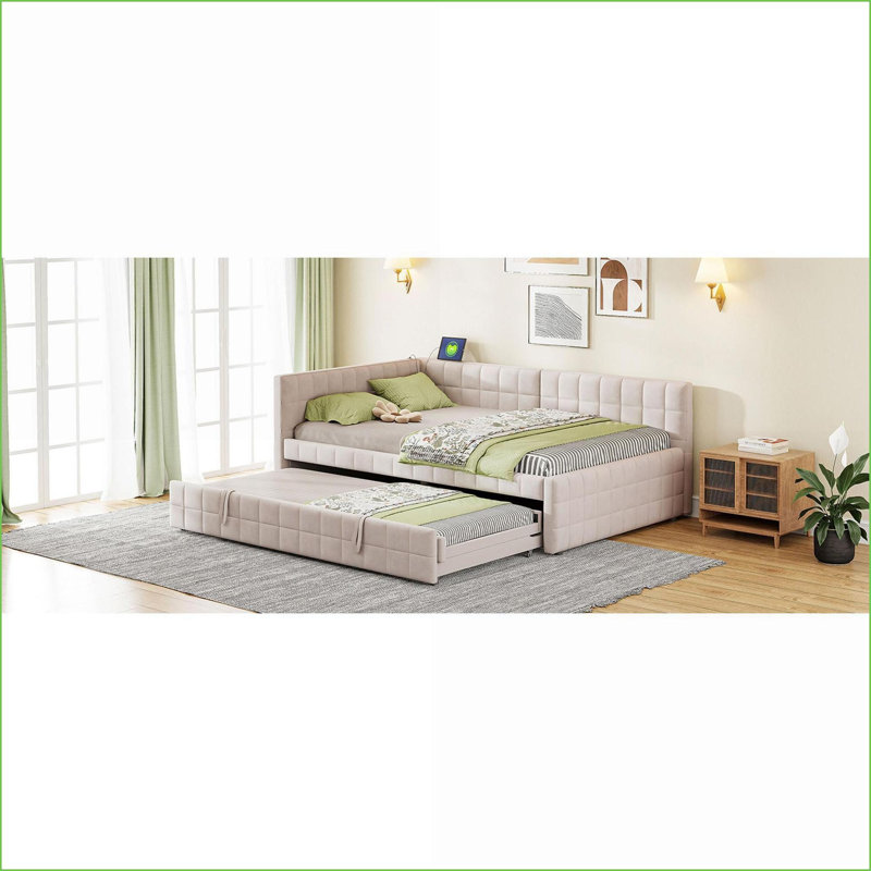 Full Size Upholstered L-Shaped Daybed with Twin Pop-Up Trundle &amp; USB Ports, Beige, Beige
