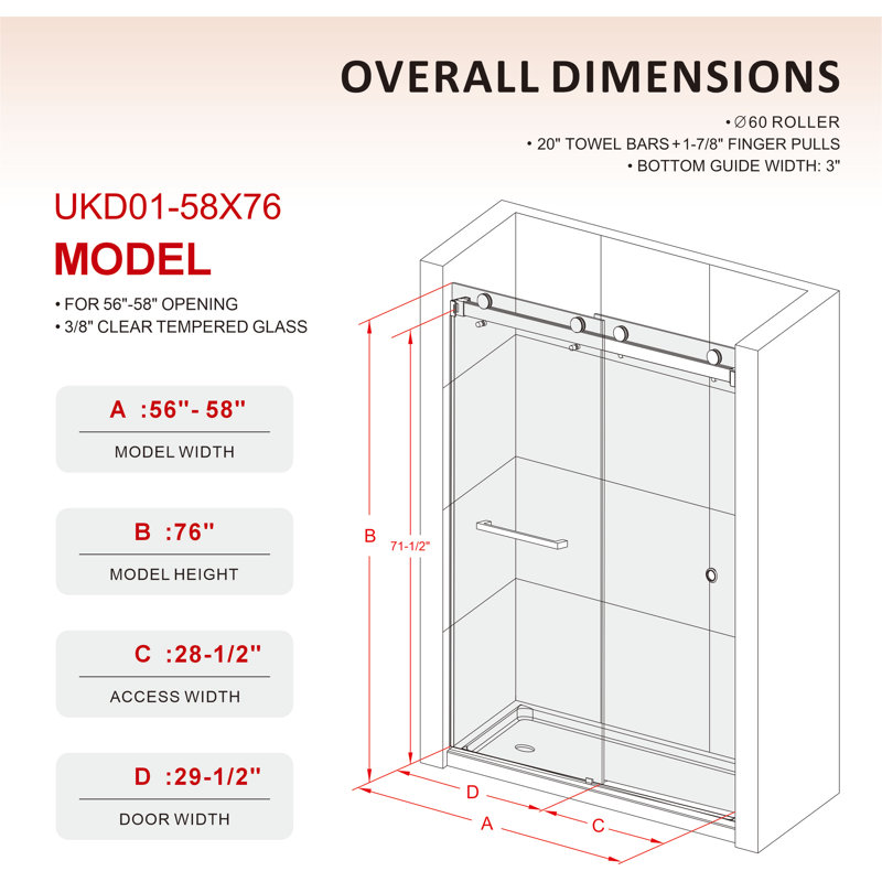 UKD01 56 to 58 in. x 76 in. H Frameless Double Sliding Shower Door with 3/8 in. (10mm) Clear Glass , Brushed Nickel