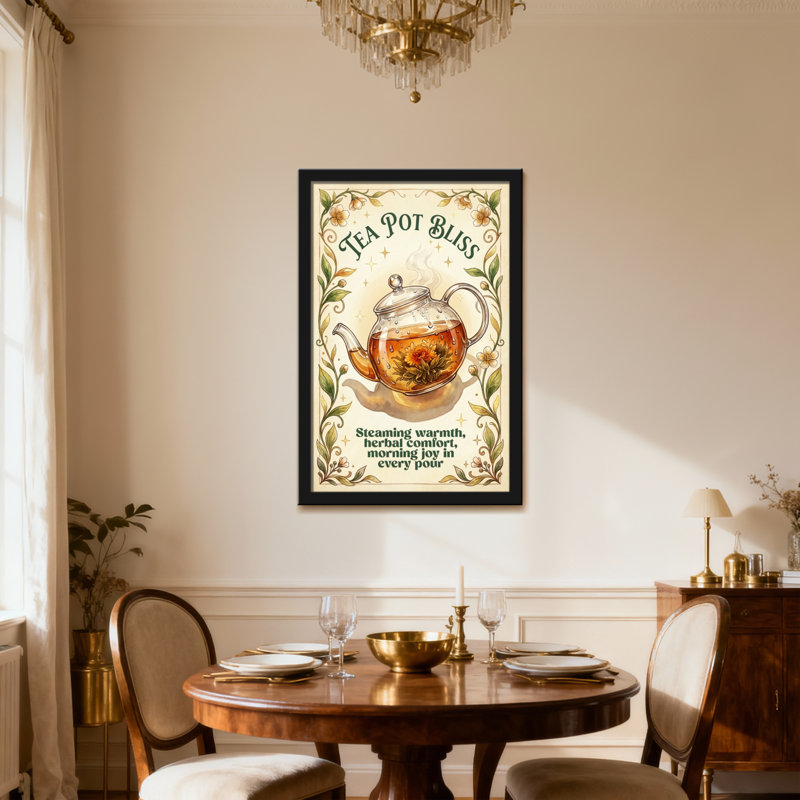 Food & Beverage Tea Pot Bliss Floral Design avec vapeur et feuilles, Toile tendue, Ne s’applique pas, H 18 po x l 12 po