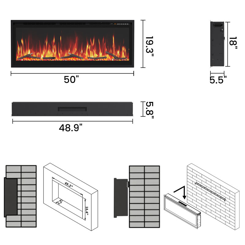 50"Recessed or Wall Mounted Electric Fireplace Heater, 12 Flame Colors, Google & Alexa Compatible, Logs & Crystals, Remote Control