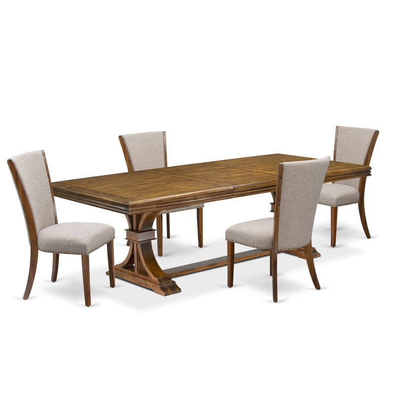 L'ensemble de table de cuisine 5 pièces comprend une table de salle à manger et 4 chaises de salle à manger en tissu de lin brun clair avec dossier capitonné - Finition noyer antique