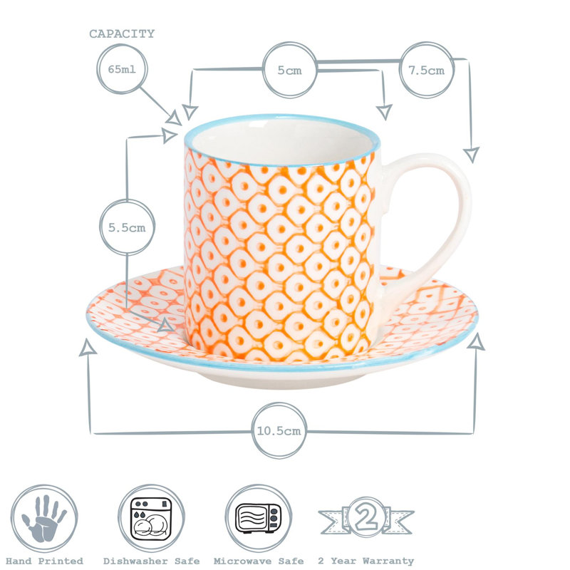 Nicola Spring - Hand-Printed Espresso Cup & Saucer Set - 65ml - Orange, 6