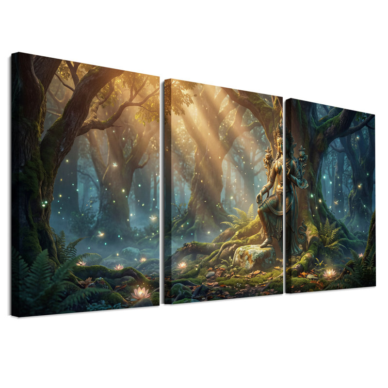 Statue de déesse en bronze dans une forêt lumineuse - Ensemble de 3 toiles murales, 24"H x 16"W x 3pcs
