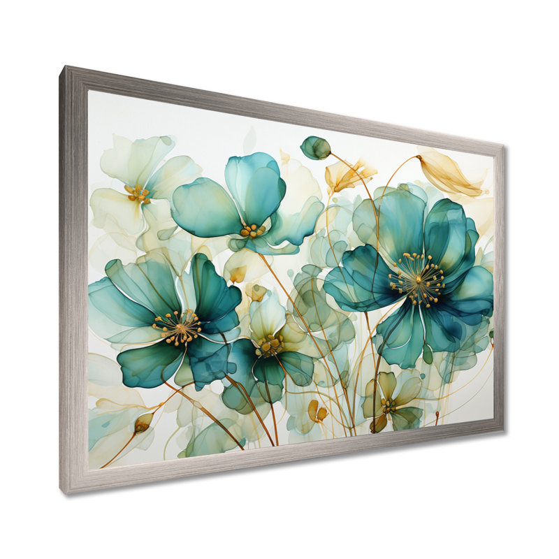«Teal Green Organic croissance - Abstract Botanicals», art mural, H 24 po x l 32 po x P 1 po, Cadre simple argenté