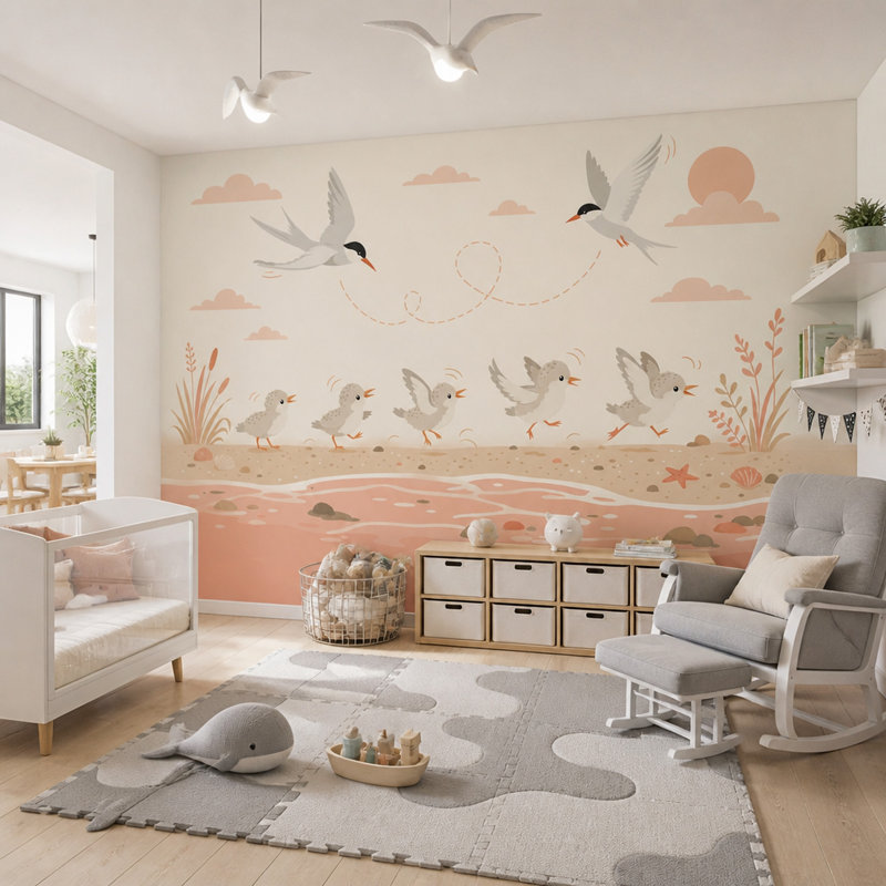 Papier peint oiseaux de bord de mer, scène de plage douce, 100 po x 96 po, Texturé non collé
