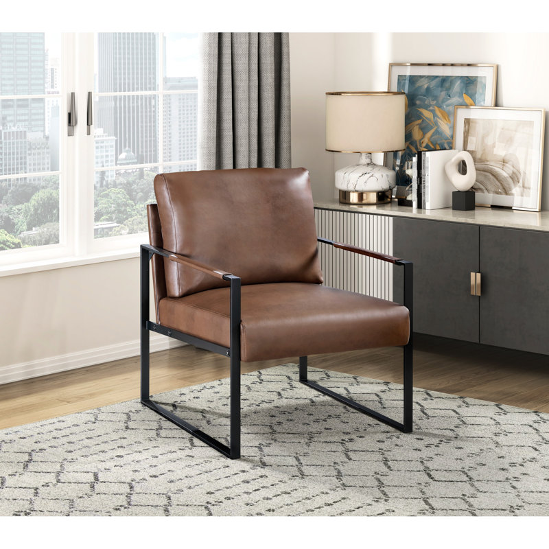 Élégante chaise d'appoint de bureau, similicuir brun, structure de mobilier de chambre en métal noir, Brun