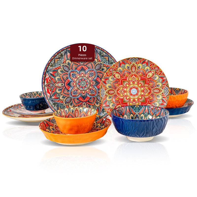 Ensemble de vaisselle, assiettes et bols en porcelaine 10 pièces HomeVSS Bohemian, Mélange de bleu et d'orange