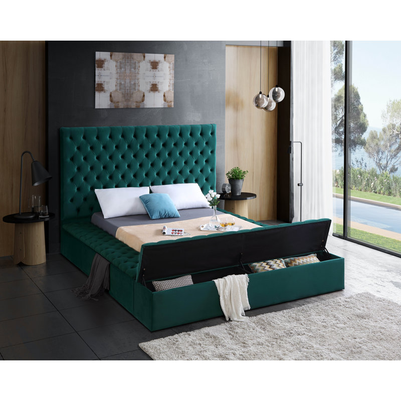 Lit plateforme tapissier avec rangement Johnnay, Grand, Velours vert