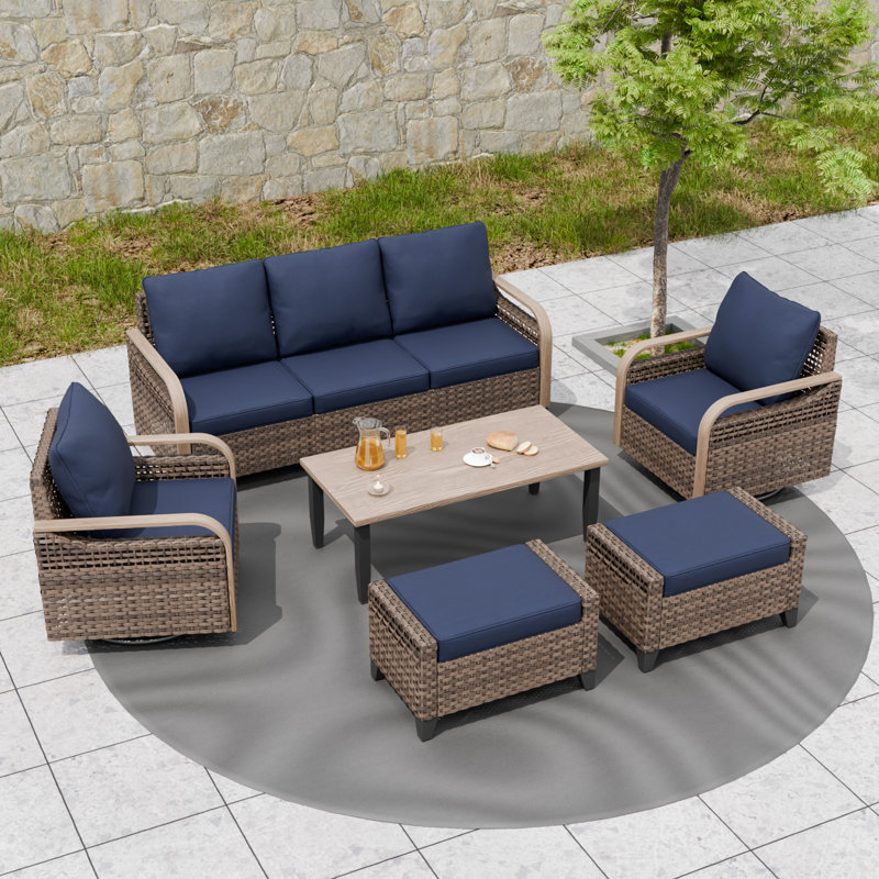 Wicker 5 - Person Modular Patio Conversation Set with Cushions, Blue