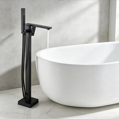 Mosson Modern Matte Black Square Tube Freestanding Bathtub Faucet, Floor Mount Solid Brass Tub Filler with Wide Lever Handle, Thick Heavy‑Duty Base & 2‑Setting Square Hand Showe