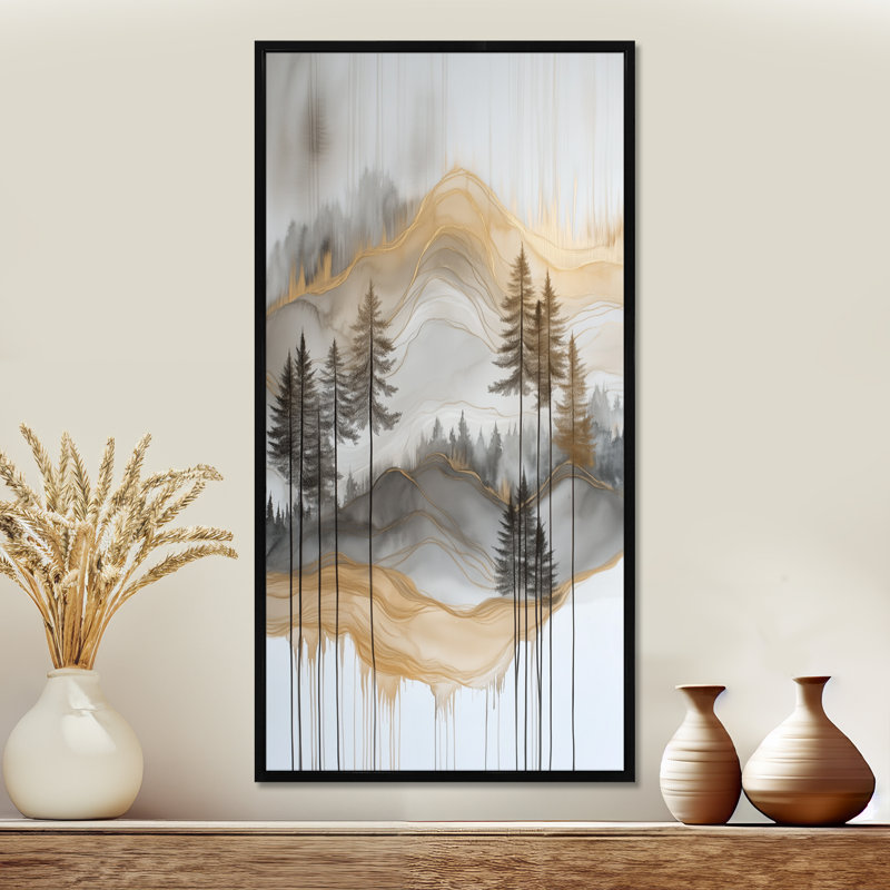 Or brun doré forêt et pics solitude horizon I - impressions encadrées Moody, décoration murale sereine, 40" H x 20" W