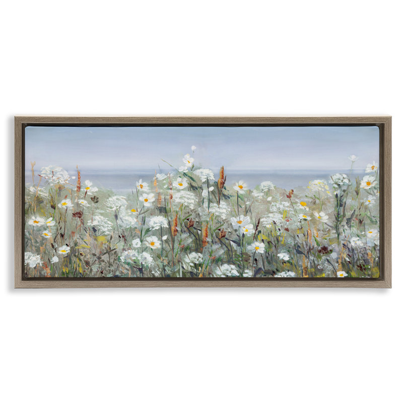 Champ de fleurs et mer au-delà, H 14 po x l 31 po, Cadre flottant orme Montalcino
