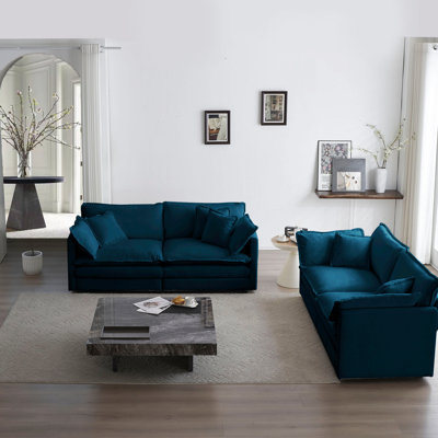 2 pour le salon en chenille bleue. Fabrication en bois massif, éponge de qualité, rembourrage respirant, confort et style chenille, base, tissu, bois, mobilier de siège confortable
