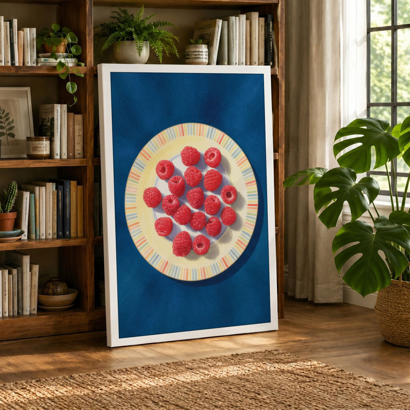 Raspberries on White Minimalist 1 Piece Wrapped Canvas Wall Art, 24x16 - 61.0 x 40.6 cm, Ochre Border