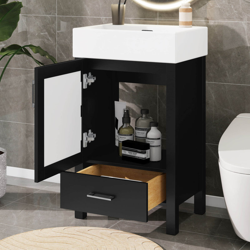 Meuble-lavabo de 20 po avec lavabo en céramique épais robuste, meuble-lavabo autoportant avec 1 grand tiroir et 1 porte à fermeture en douceur