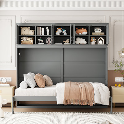 Gray Queen Size Wall Bed - & Plywood Construction Cabinets Comfortable Space Saving For Home Office