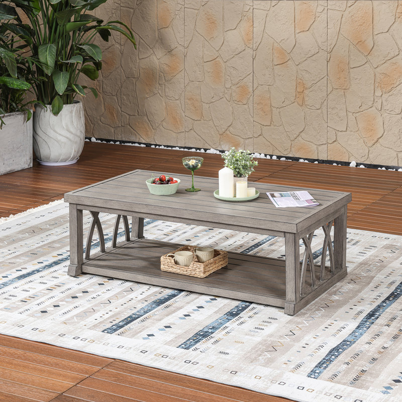 Outdoor Aluminum Coffee Table with Open Frame Design, Patio Center Table for Backyard, Deck and Garden, Limed Oak