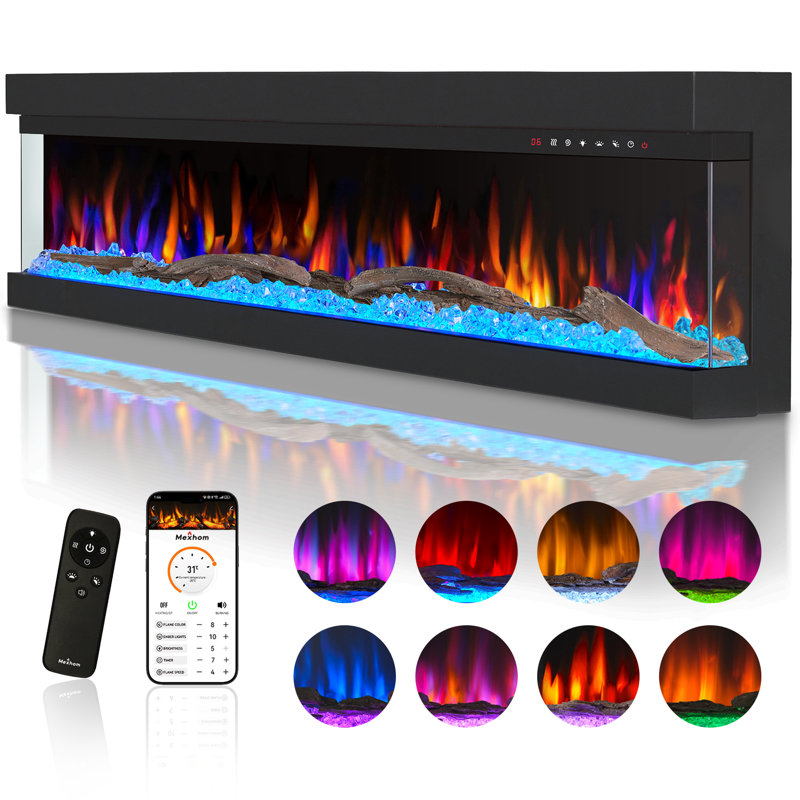 3 Sided Glass Electric Fireplace Multicolors,Inserts And Remote&App Control,Heater And Multicolors Flame Effect Combination,DIY Log&Crystal Combination