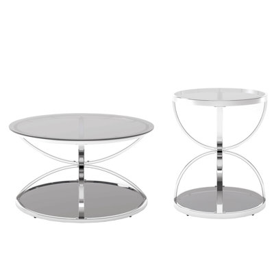 Ensemble de tables basses modernes en verre avec 2 niveaux, cadres en forme d'anneau, finition chromée et verre trempé gris, ensemble de tables basses rondes pour le salon, la chambre à coucher et le bureau (ensemble de 2)