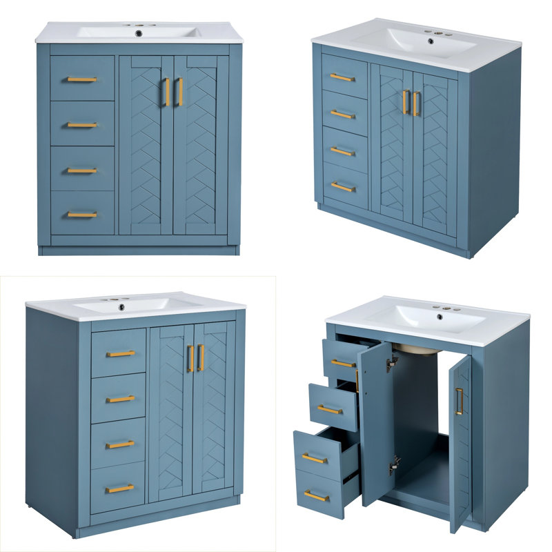 Meuble-lavabo autoportant avec poignées en métal pour salle de bain 30 po avec lavabo en céramique - structure en bois massif, 3 tiroirs à fermeture en douceur et 2 portes à fermeture en douceur
