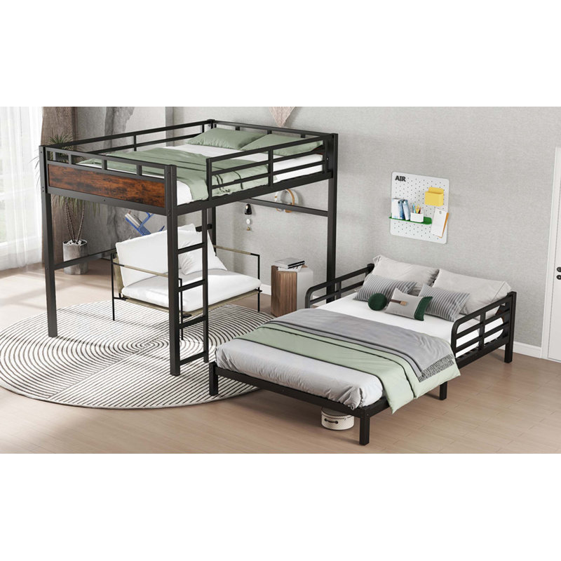 Lit superposé double TG / TG et lits plateforme en métal avec clôture de sécurité surélevée couleur bois rétro, Double XL