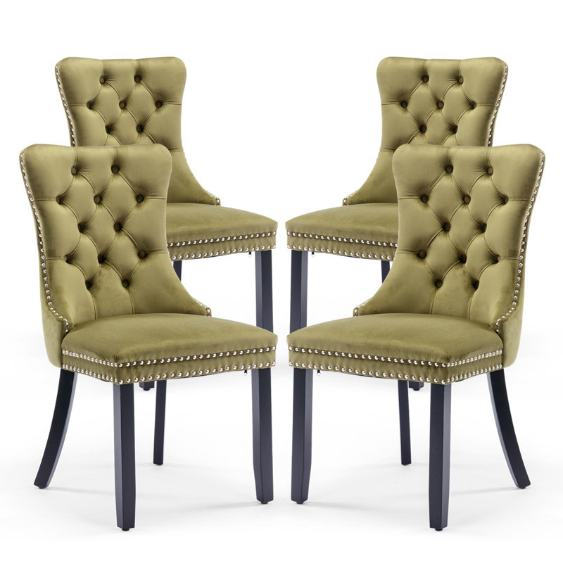 Chaises de salle à manger, chaise de salle à manger rembourrée haut de gamme avec anneau clouté, 4, Velours vert Oliver, Noir