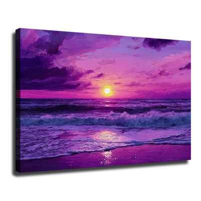 Purple Pink Ocean Sunset Beach Seascape, Large Gallery Wrapped Canvas Wall Art Print For Living Room Bedroom