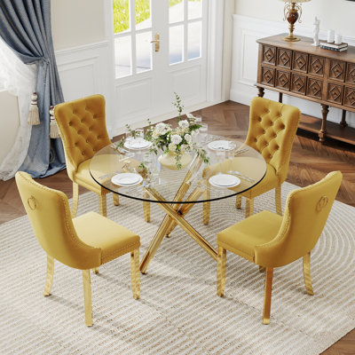 5-Piece Modern Round Pedestal Dining Set with Velvet Tufted Dining Chair for Dining Room and Living Room