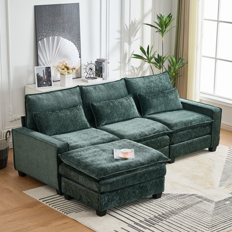 Canapé modulaire confortable en forme de L 99 po Chenille, Green Chenille