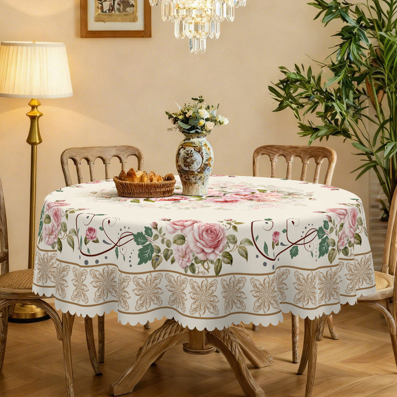 Pink Rose Floral Design Machine-Washable Polyester Tablecloth